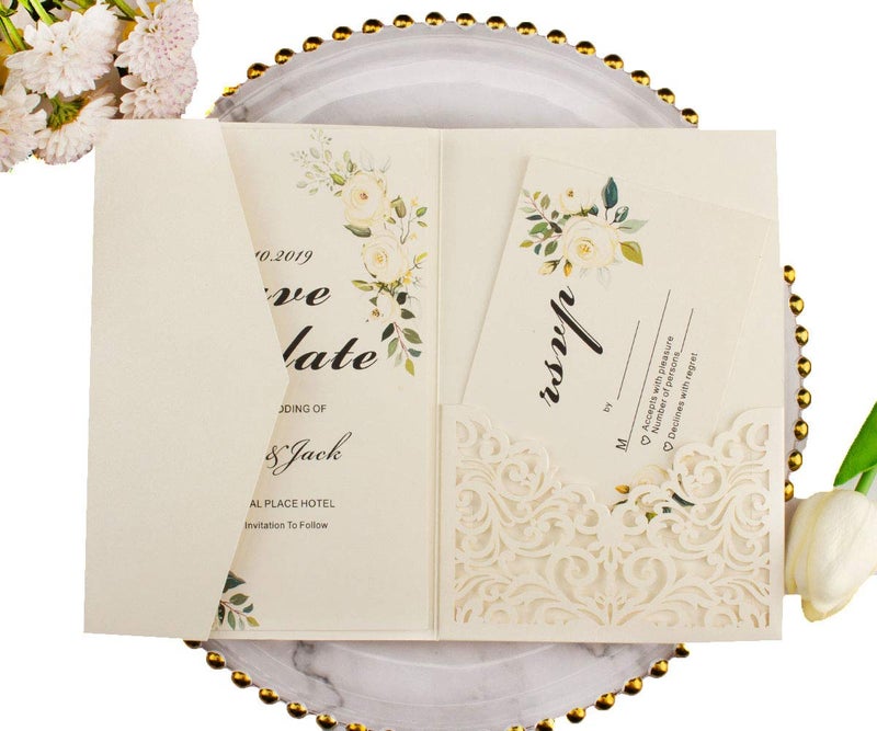 Lucky Star 25pcs 250GSM Pearl Ivory Wedding Invitations Cards Laser Cut Pocket Covers only, no envelope,no insert 5x7 - Image 1